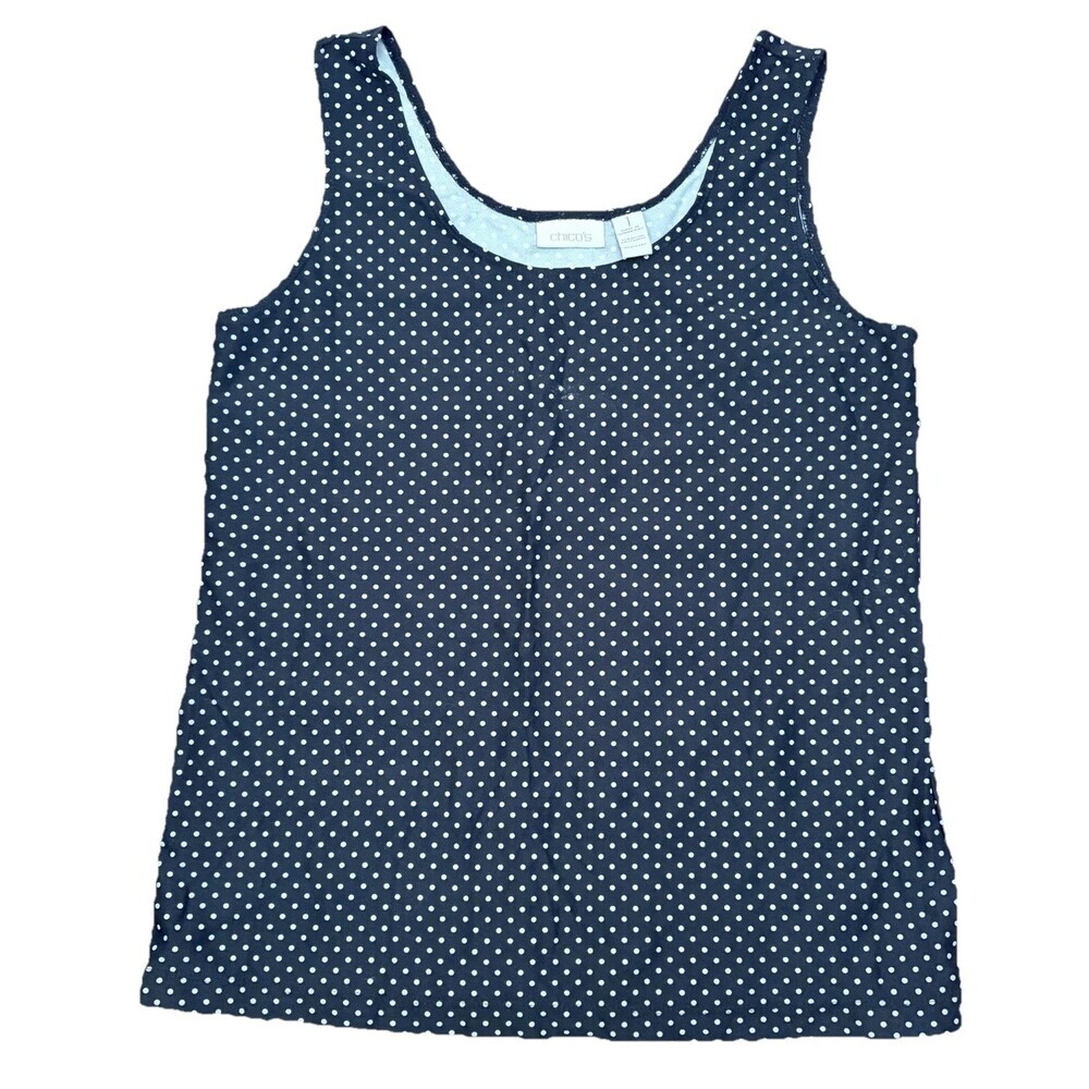 Chicos size 1 SMALL Black white polka dot wide strap tank top nylon/spandex